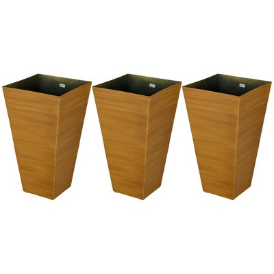Set of 3 Light Brown Tall Faux Wood Outdoor Planters