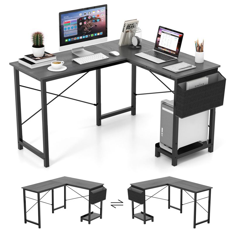 Costway L-Shaped Computer Desk Reversible Home Office Desk with Side Storage Bag & Host Stand  Dark Gray, 5 of 11