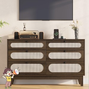 Jojoka 6-Drawer Rattan Dresser - Wooden Frame with Charging Station and Solid Wood Legs, Versatile Storage for Bedroom, Living Room - 1 of 4