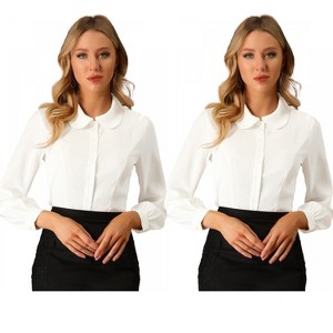 Allegra K Women's Work Peter Pan Collar Long Bishop Sleeve Button Down Shirt 2 Packs - 1 of 4