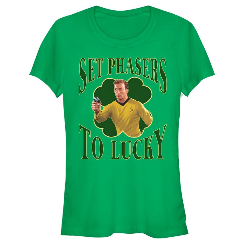 Juniors Womens Star Trek: The Original Series St. Patrick's Day Captain Kirk Set Phasers to Lucky T-Shirt, 1 of 5