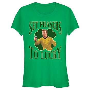 Juniors Womens Star Trek: The Original Series St. Patrick's Day Captain Kirk Set Phasers to Lucky T-Shirt