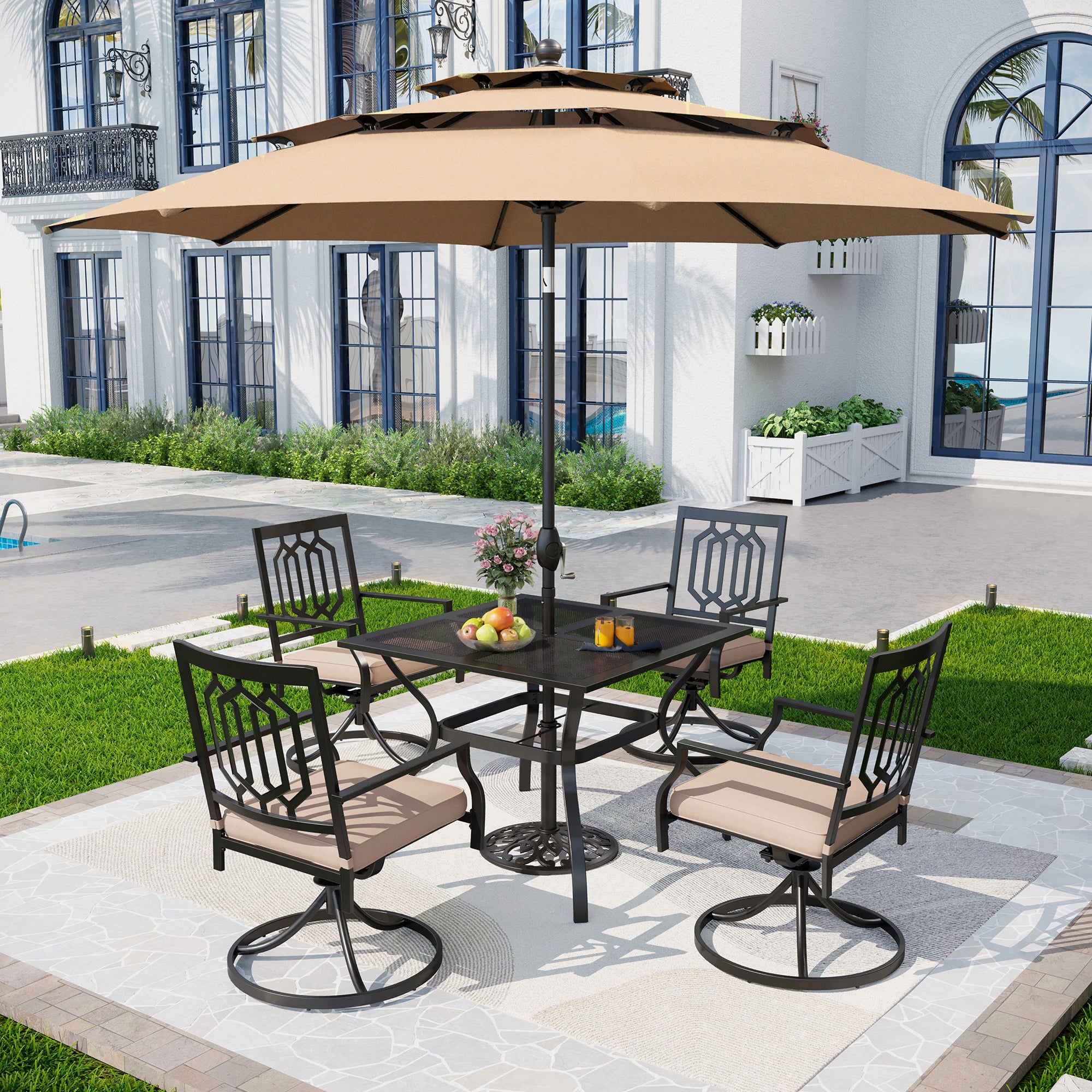 Captiva Designs 6pc Patio Mesh Top Square Steel Dining Table & Fusiform Back Swivel Chairs & Beige Umbrella