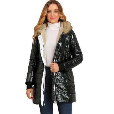 Allegra K Women's Winter Faux Fur Hooded Long Metallic Shiny Puffer Jacket