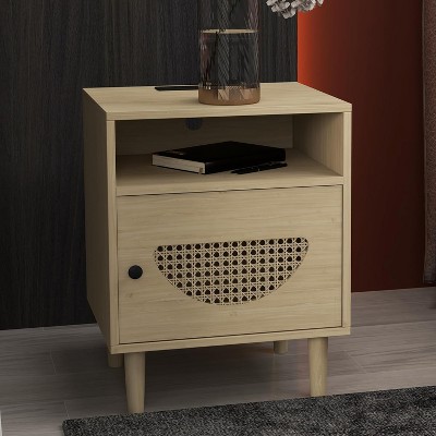 Rattan Nightstand with Charging Station Two Tier Side Table Featuring USB Ports and Power Outlet for Living Room and Bedroom