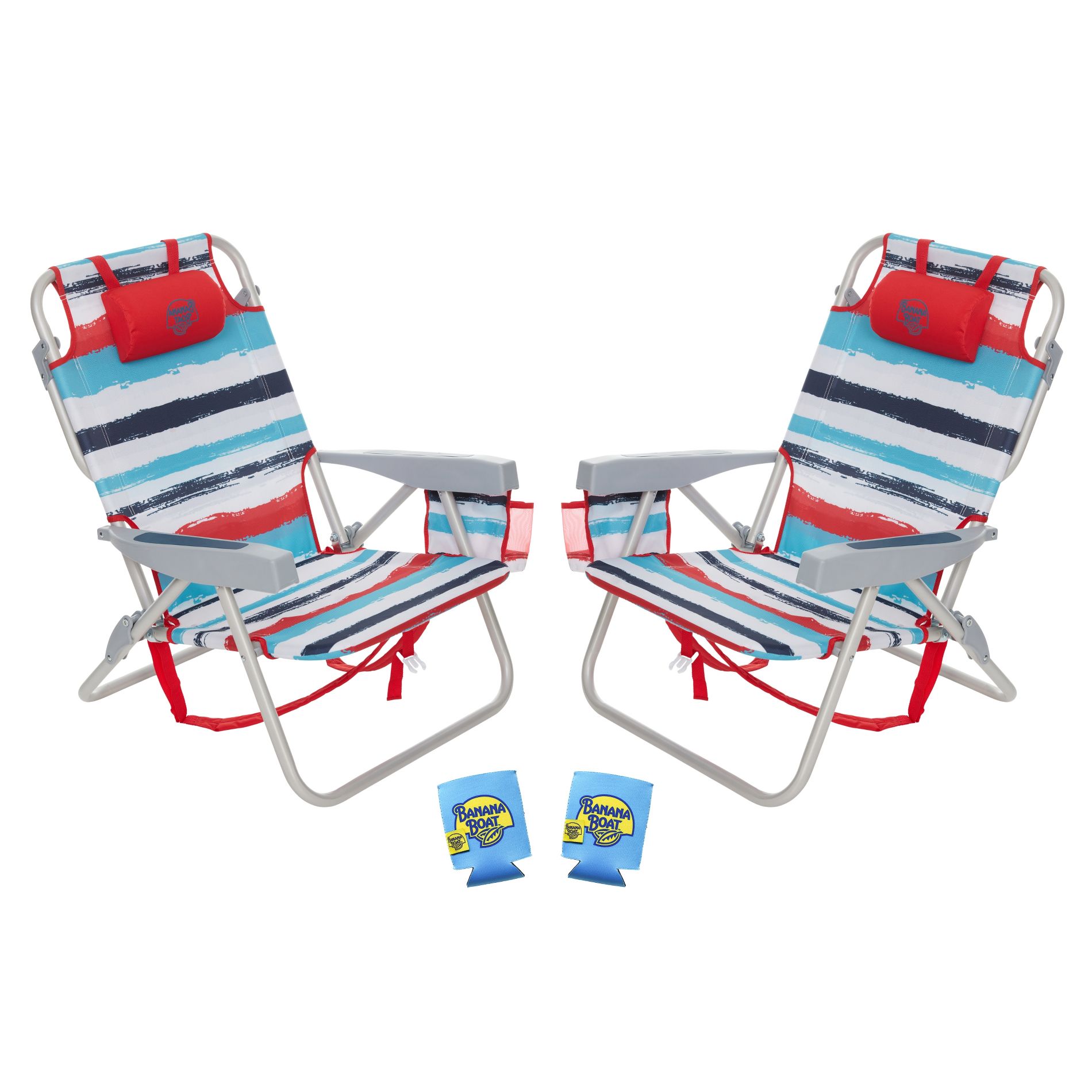 Banana Boat 2-Pack Lightweight Backpack 5-Position with Lay Flat Folding Beach Chair – with FREE Thermal Drink Sleeve for Cold Drinks, Red