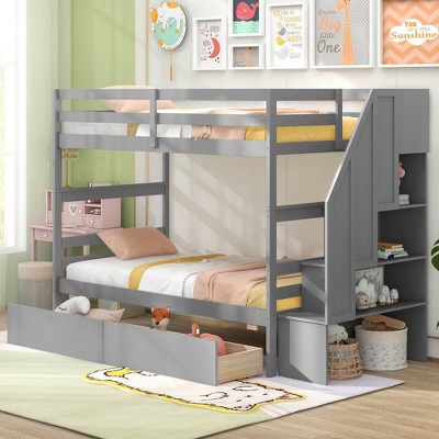 Costway Twin Over Twin Bunk Bed with Storage Stairs & Drawers Full-length Guardrails White/Gray/Brown