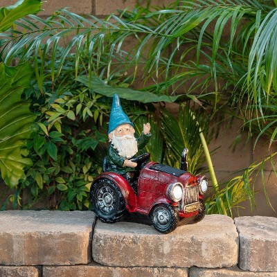 10" Red Polyresin Tractor Riding Gnome with LED Lights