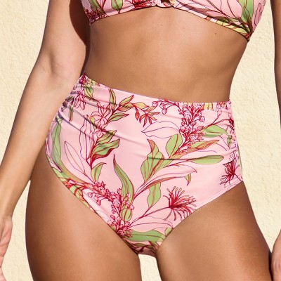 Women's Tropical Pink Floral High-Waisted Bikini Bottoms - Cupshe