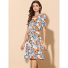 INSPIRE CHIC Women's Vintage Floral Peter Pan Collar High Waist Puff Sleeve A-line Midi Dress - 2 of 4