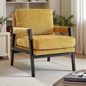 Chenille Mid-Century Accent Armchair with Removable Back Cushion and Solid Acacia Frame - 1 of 4