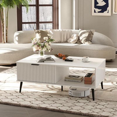 41.34''D Coffee Table, 2-Tiers Farmhouse Coffee Tables With Storage and Sliding Wave Pattern Door, Modren Wooden Tea Table