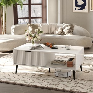41.34''D Coffee Table, 2-Tiers Farmhouse Coffee Tables With Storage and Sliding Wave Pattern Door, Modren Wooden Tea Table - 1 of 4