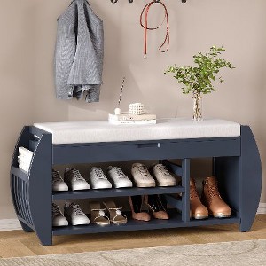 PAGED Modern Shoe Storage Bench with Lift-Top Hidden Compartment, Open Shelving Ottoman with Storage, Retro Shoe Bench with Cushion and Curved Side - 1 of 4