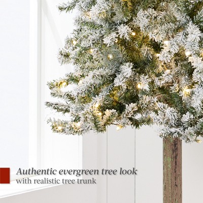 6ft Pre-Lit Snow Flocked Slim Pencil Alpine Christmas Tree with LED Lights and Metal Stand