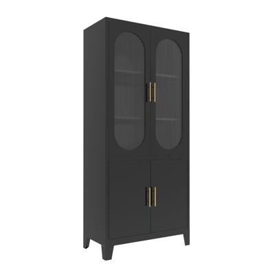 Fontoi Decorative Storage Cabinets, Dining Room Storage Cabinets with 2 Fluted Glass Doors Cabinet, Freestanding Cabinet, Black, 31.5"*15.74"*70.87"