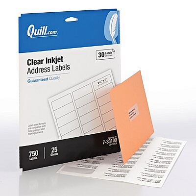 Quill Brand Inkjet Address Labels 1" x 2-5/8" Clear 30 Labels/Sheet 733100