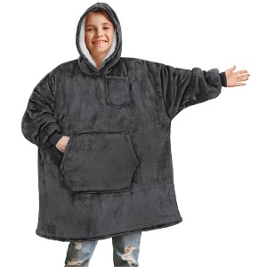 PAVILIA Wearable Blanket Sweatshirt Kids Boy Girl, Warm Cozy Giant Hoodie, Fleece Faux Shearling Oversized Sweater, Big Pocket - 1 of 4