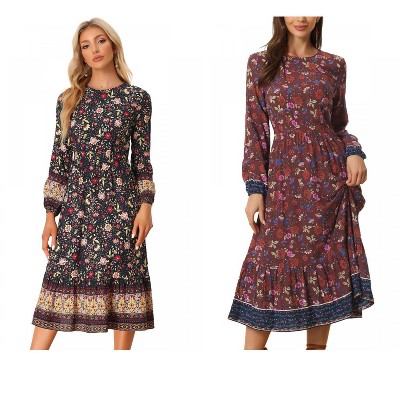 INSPIRE CHIC Women's Boho Crew Neck Floral Long Puff Sleeves Midi Dress 2 Packs