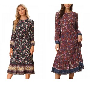 INSPIRE CHIC Women's Boho Crew Neck Floral Long Puff Sleeves Midi Dress 2 Packs - 1 of 4