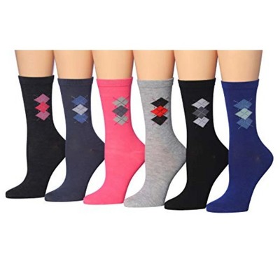 Women's 6-Pairs Colorful Hues Funky Argyle Patterned Crew Dress Socks