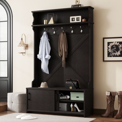 NicBex Coat Rack Freestanding with Bench and Shoe Cabinet Modern Hall Tree with Sliding Door, 5 Hooks, for Living Room, Foyer