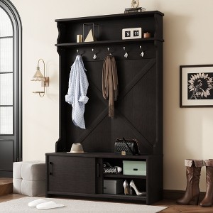 CAVINAS Coat Rack with Storage Bench and Shoe Rack Modern Hall Tree with Top Shelves and 5 Hooks for Foyer - 1 of 4