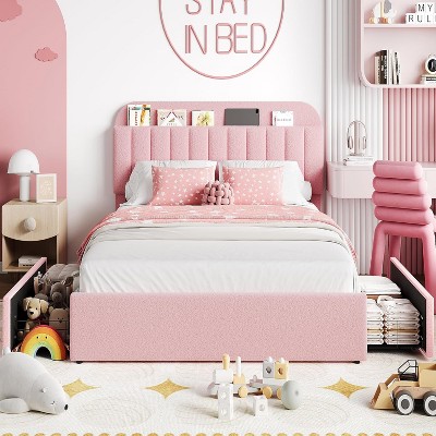 Bed Frame with 2 Flexible Drawers and Bookcase Headboard, Boucle Upholstered Platform Bed Easy Assembly, No Box Spring Needed