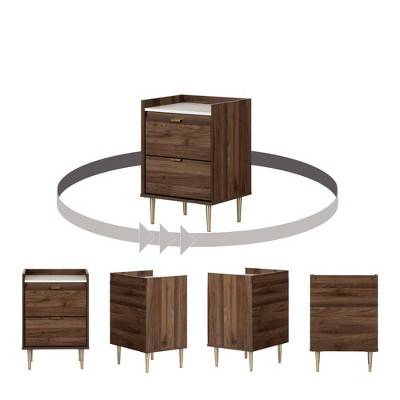 Natural Walnut and White Stone 2-Drawer End Table with Brass Legs