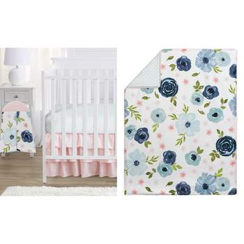 Sweet Jojo Designs Girl Baby Crib Bedding Set - Watercolor Floral Collection Navy Blue Pink 4pc