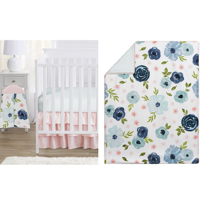 Sweet Jojo Designs Girl Baby Crib Bedding Set - Watercolor Floral Collection Navy Blue Pink 4pc, 1 of 8