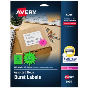 Avery Neon Address Labels with Sure Feed for Laser Printers, 2-1/4", Assorted Colors, 180 Burst Labels (5995) - 1 of 4