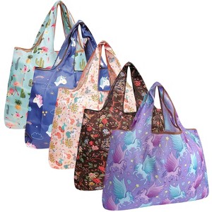 Wrapables Large Foldable Tote Nylon Reusable Grocery Bags, 5 Pack - 1 of 4