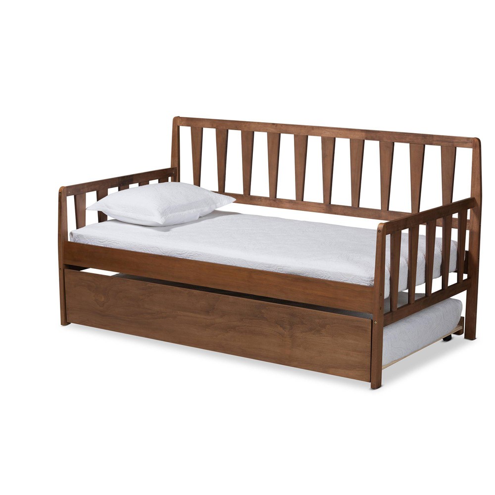 Photos - Bed Frame Twin Midori Wood Daybed with Roll Out Trundle Walnut - Baxton Studio