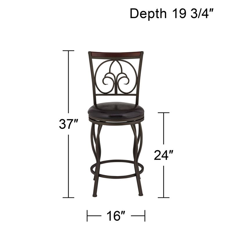 55 Downing Street Colton Metal Swivel Bar Stools Set of 2 Brown 24" High Traditional Round Cushion with Backrest Footrest for Kitchen Counter Height, 4 of 10