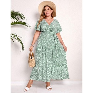 Women Plus Size Maxi Dress V Neck Summer Dress Short Sleeve