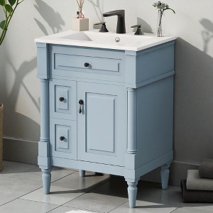 Mshliw 24" Freestanding Bathroom Vanity with Ceramic Sink, Flip Drawer, 2 Storage Drawers & Adjustable Shelf, Solid Rubberwood Frame - 1 of 4
