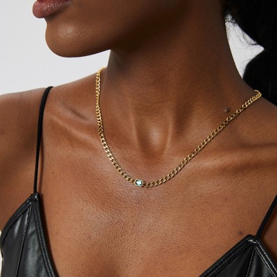 Clotth Cuban Chain Necklace with Genuine Gold Plating and Retro Green Diamond for Women - European and American Style,17.72+1.97inch