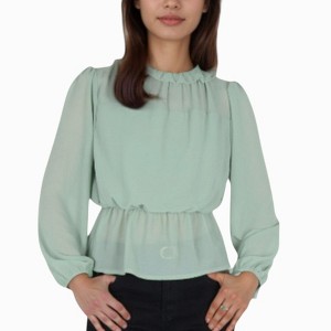 Anna-Kaci Women's Sheer Yoke Long Sleeve Blouse with Ruffle Neckline and Cinched Waist Detail - 1 of 4