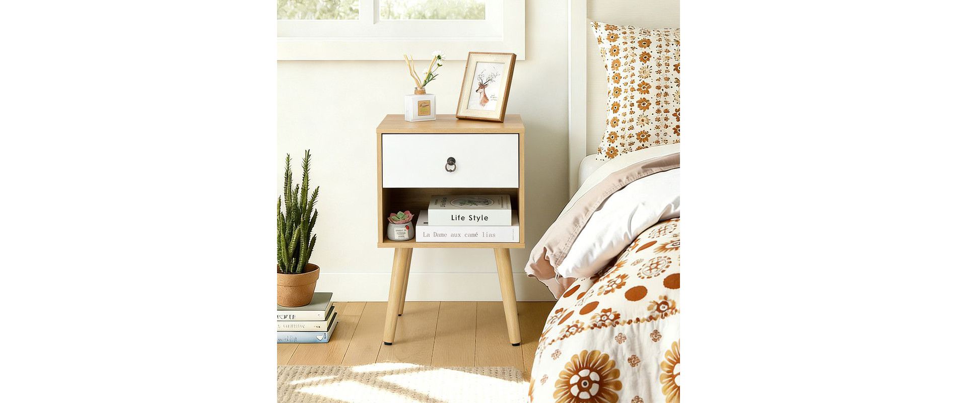 Karl Home 15.0In. White & Oak Nightstand, P2 Particleboard & Solid Legs, Matte Melamine, Ring Handle, 1 Drawer
