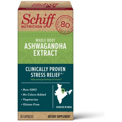 Schiff Whole Root Ashwagandha Extract, Vegetarian, Non-GMO & Gluten-Free Supplement - 50ct.