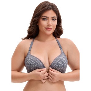 INSPIRE CHIC Women's Lace Front Closure Push Up Underwire Backless Bras - 1 of 4