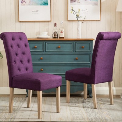 Purple Linen Upholstered Parsons Side Chair with Wood Legs