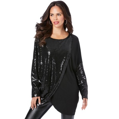 Roaman's Women's Plus Size Sequin Paneled Overlay Top : Target