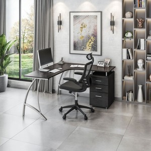 NicBex Home Office Desk L-Shape Morden Computer Desk with 6 Open Storage Shelves, Glass Desktop and Metal Legs for Study and Work - 1 of 4