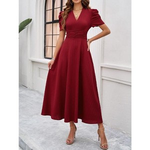 Coolmee Women's Summer Casual Dresses Puff Sleeve V-Neck A-line Flowy Midi Dress Evening Party Cocktail Dress - 1 of 4