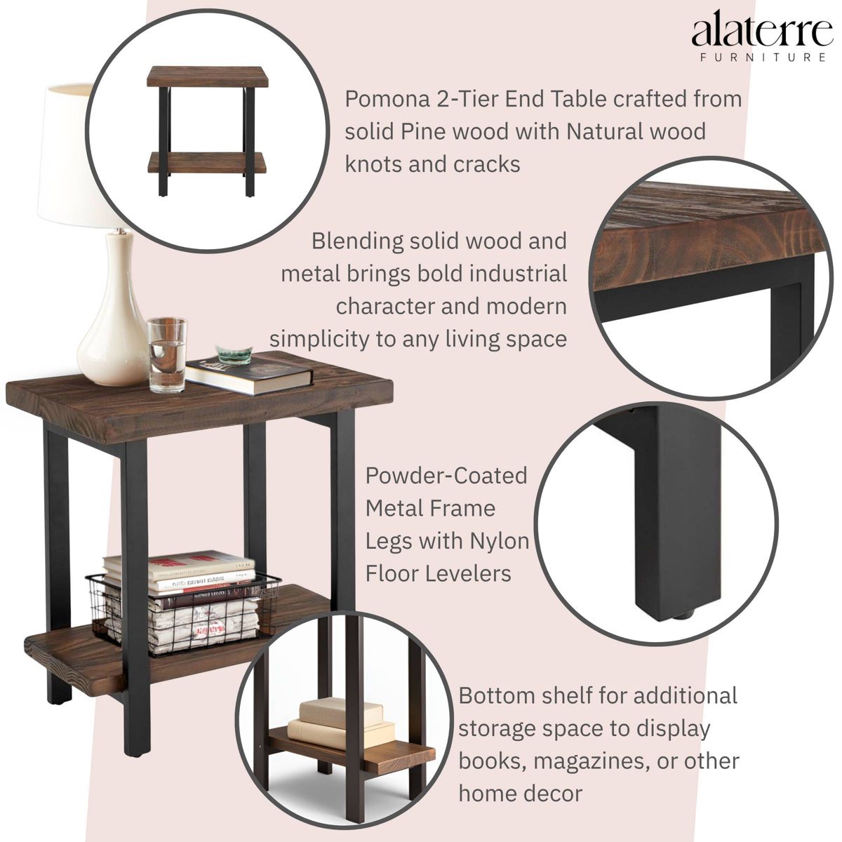Pomona Metal and Wood End Table - Alaterre Furniture - thumbnail 3