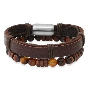 Steeltime Men's brown leather/stainless steel and wood/tiger eye 2pc set bracelets - 1 of 4
