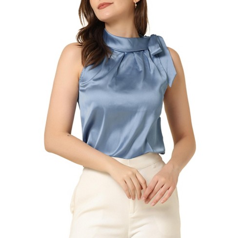 Allegra K Women's Elegant Satin Sleeveless Bow Tie Mock Neck Solid Work  Blouse Blue Medium : Target