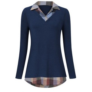 Coolmee Women's Contrast Collared Shirts Long Sleeve Patchwork Work Blouse Tunics Tops - 1 of 4